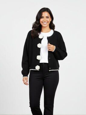 Lush Rosette Trim Cardigan Sweater Med Black Contrast Trim Coquette NWT